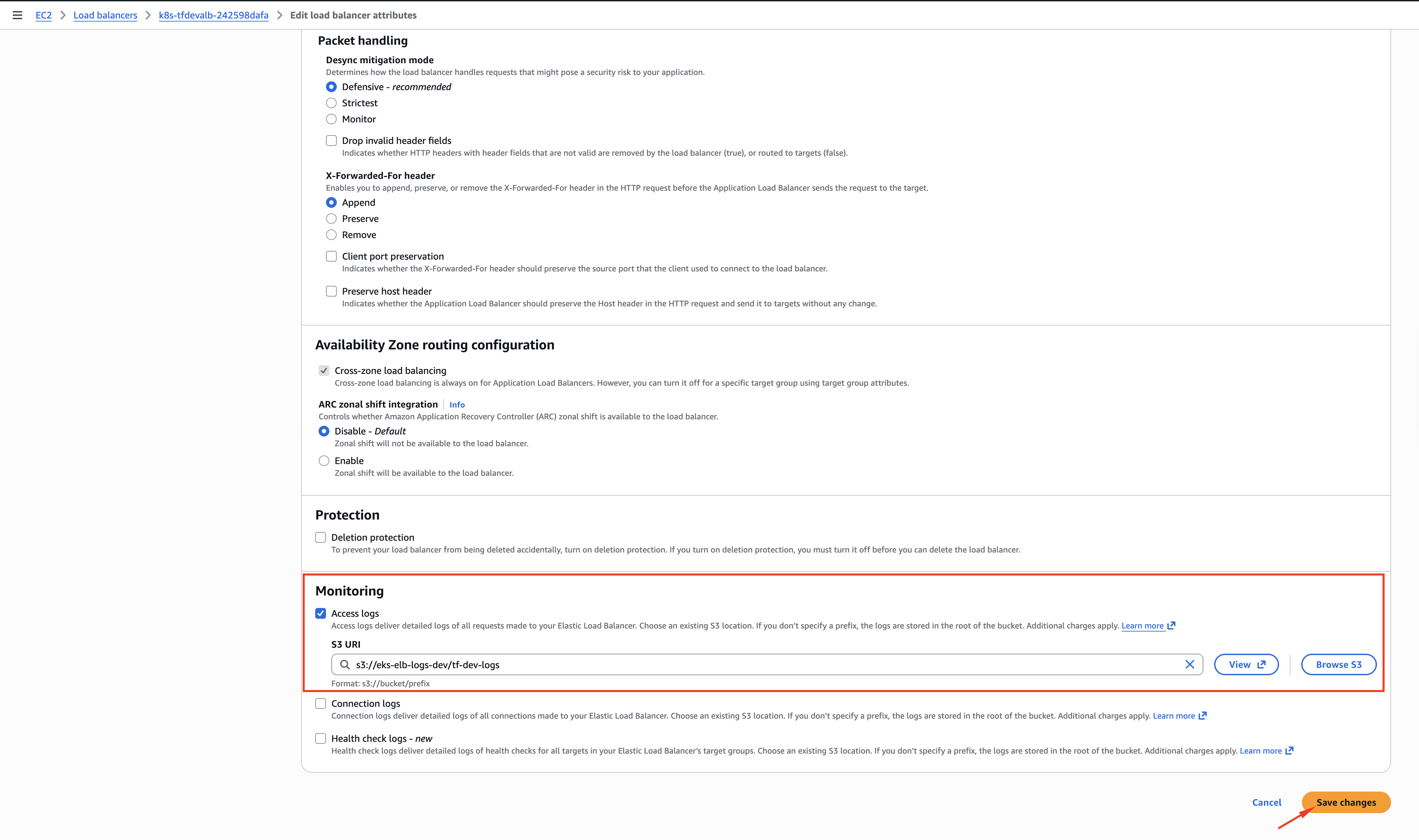 ALB Attributes panel in AWS Console showing the Access Logs configuration with the S3 bucket selected