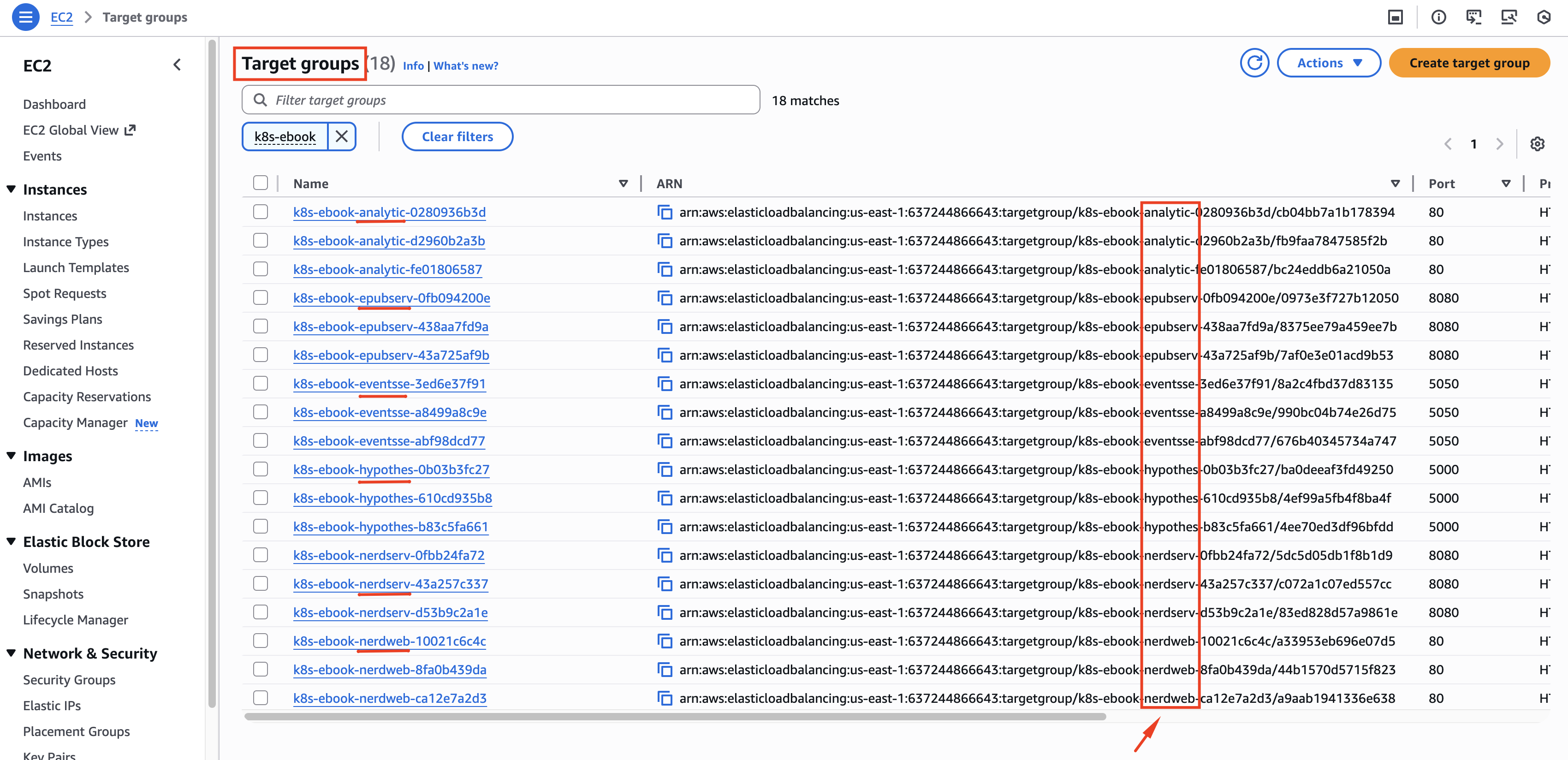 AWS Console Target Groups list with search filter applied