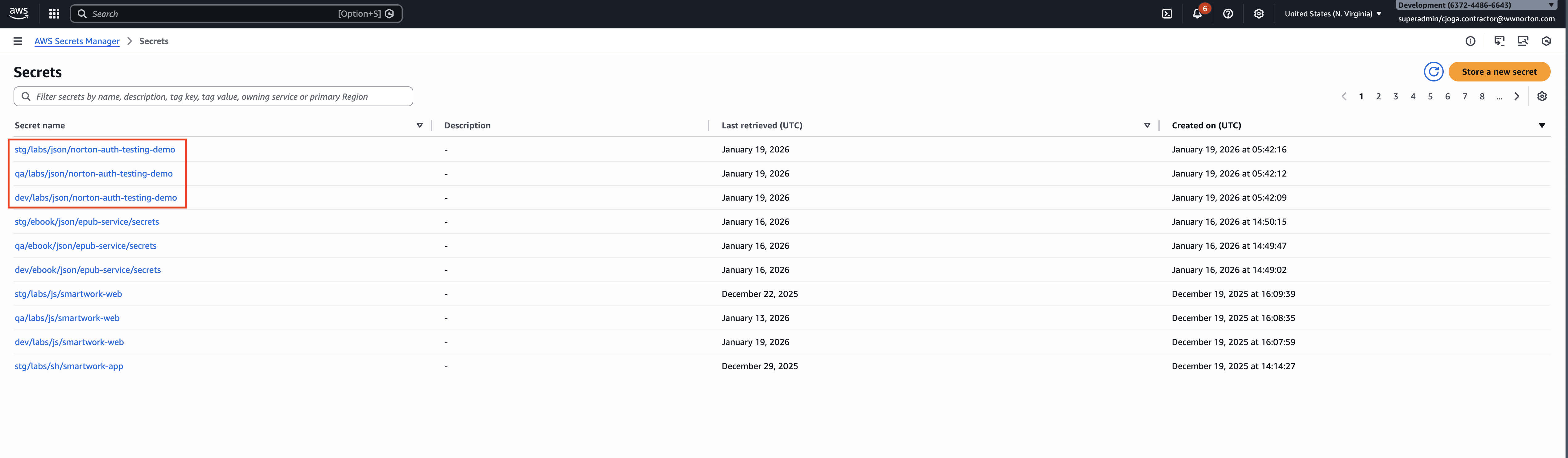 AWS Secrets Manager showing the cloned secrets AWS Secrets Manager with forked secrets