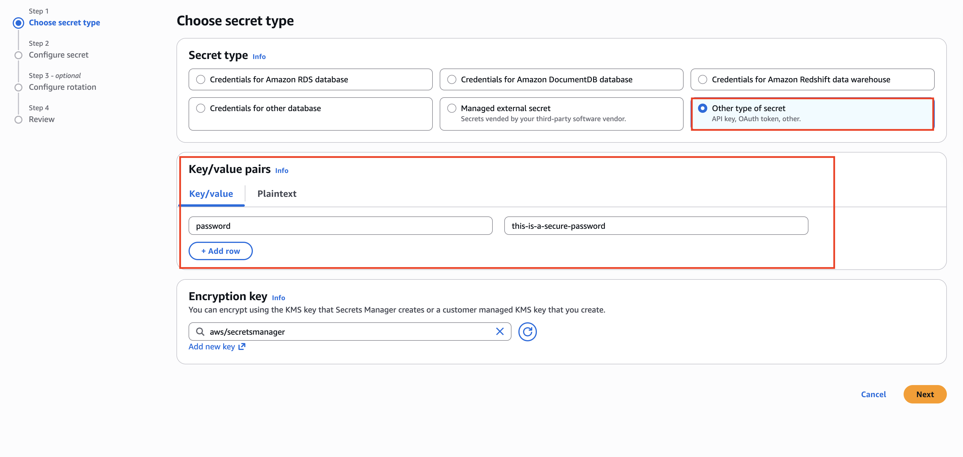 AWS Secrets Manager "Store a new secret" form with the key-value pair filled in AWS Secrets Manager "Store a new secret" form with the key-value pair filled in