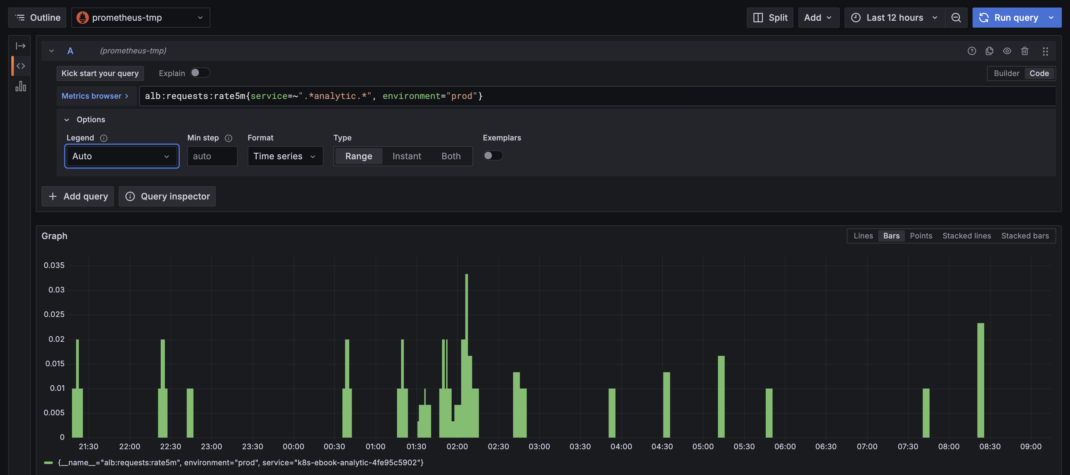 Grafana Explore view showing a successful query with data returned