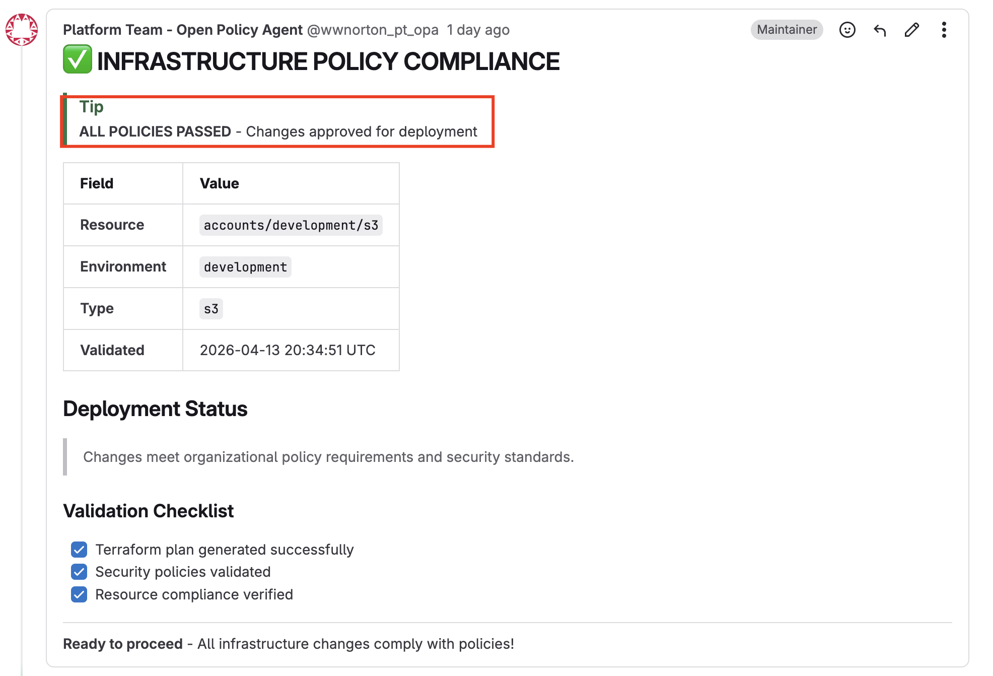 OPA policy passed comment on an S3 MR