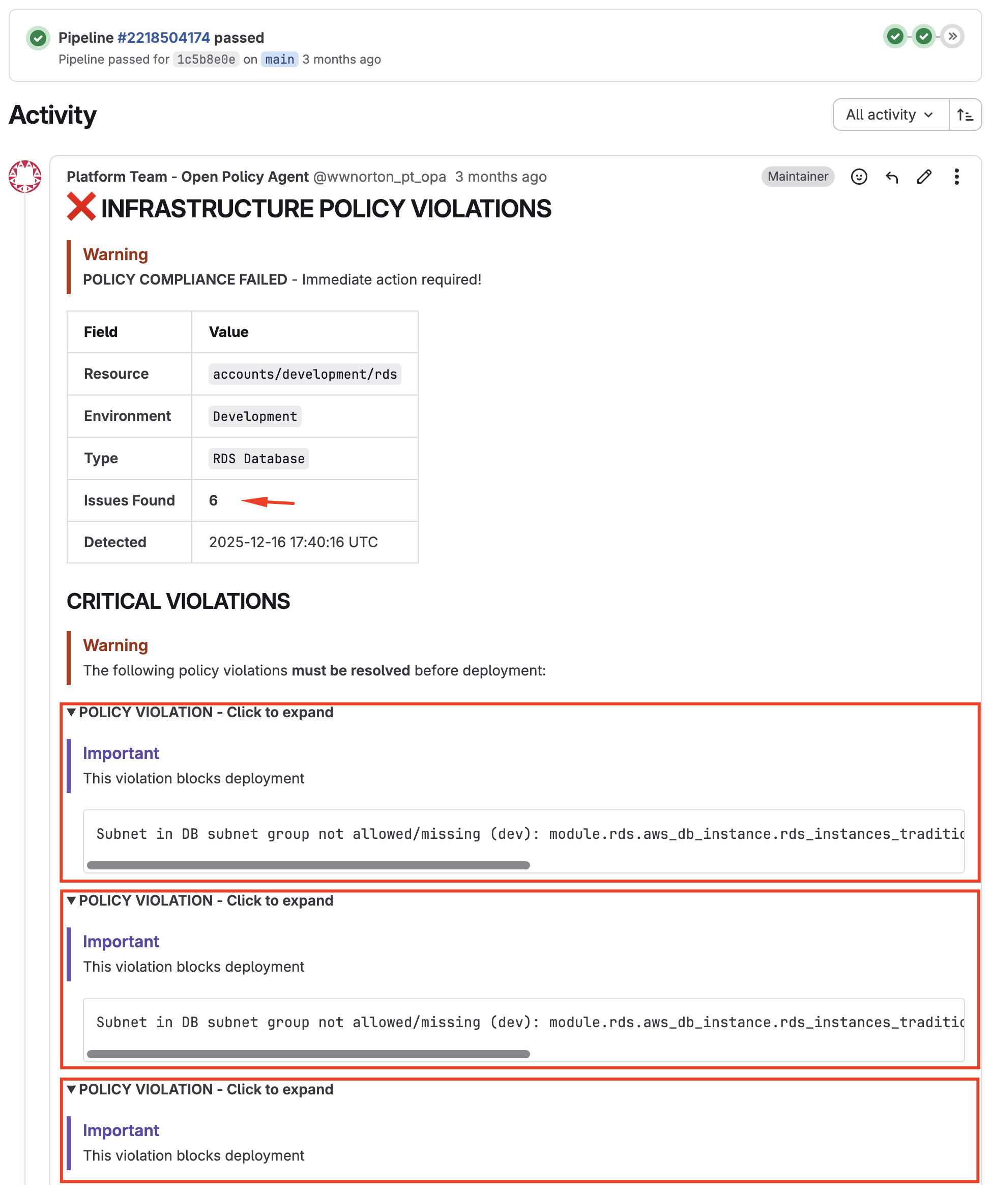 OPA policy violation comment on a merge request OPA policy violation comment on a merge request