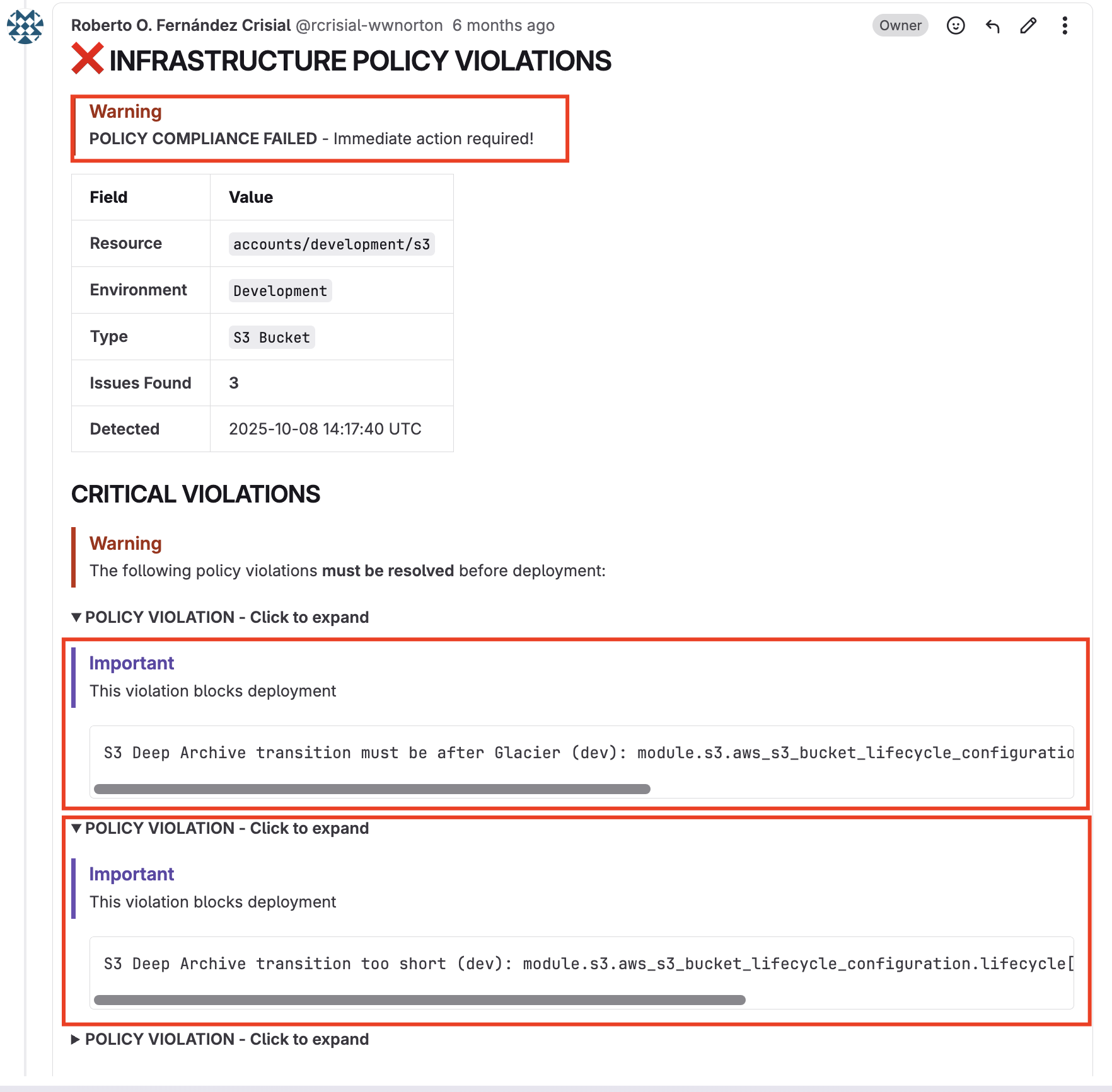 OPA policy violation comment on an S3 MR