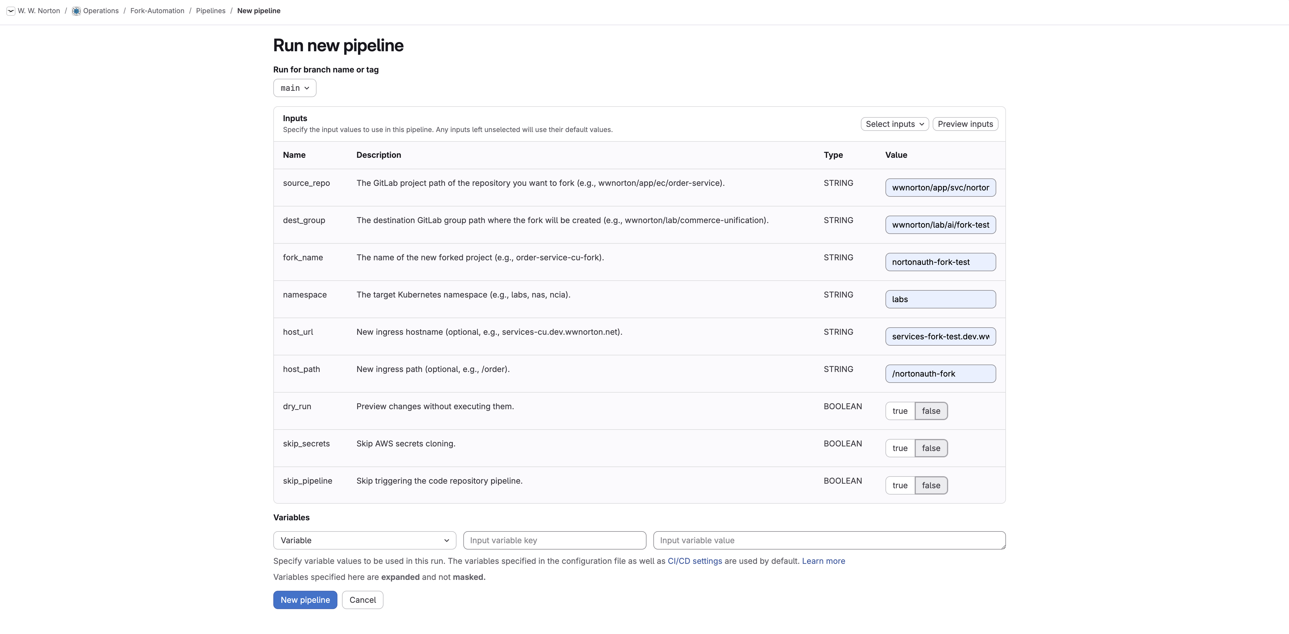 Pipeline input form with example values filled in Pipeline input form with example values