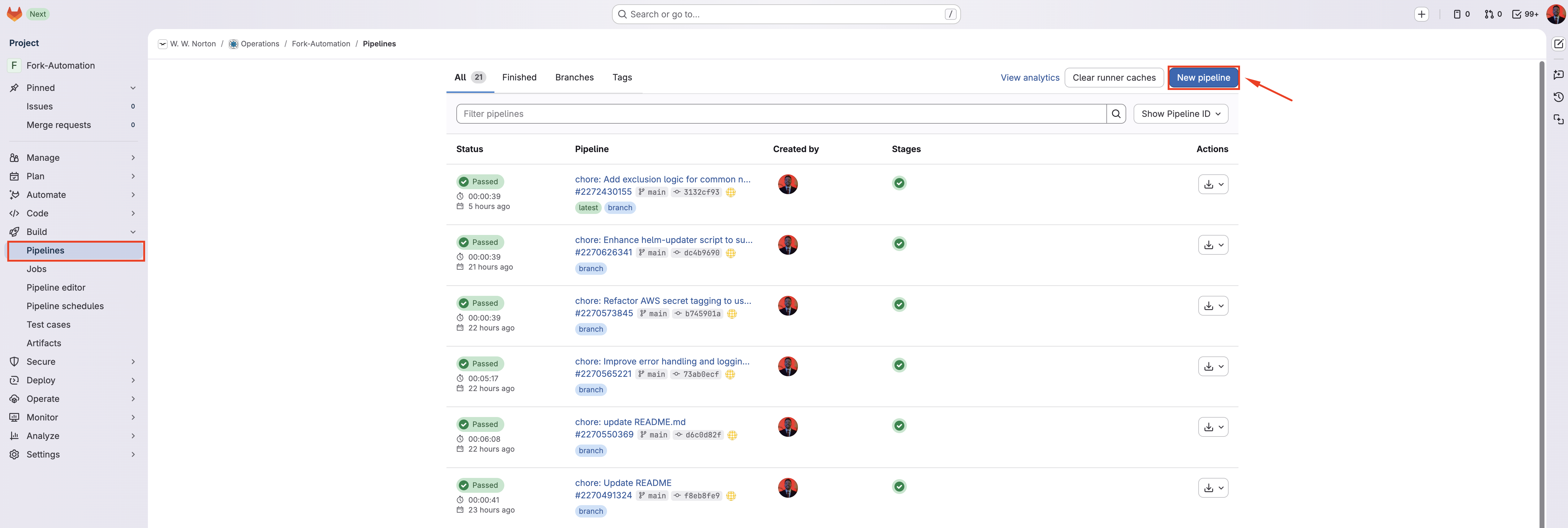 Navigating to Run Pipeline Pipeline navigation in GitLab sidebar