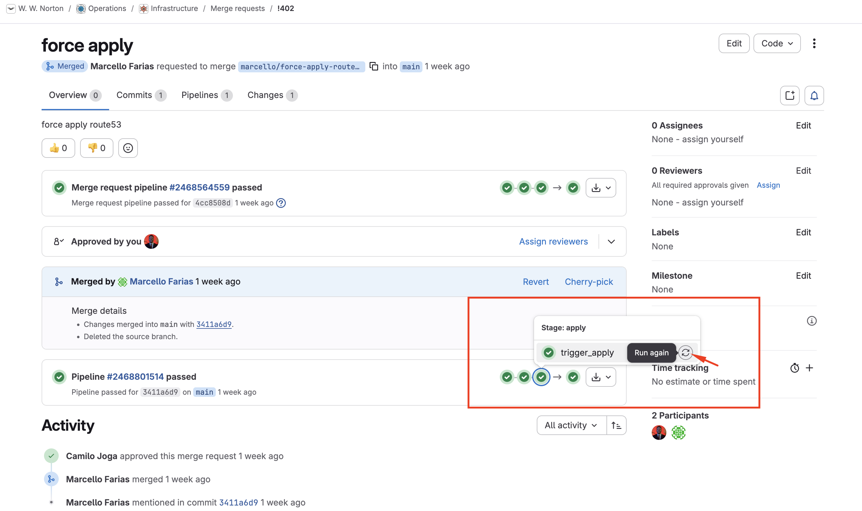 GitLab pipeline showing the manual Apply job for accounts-production-Route53