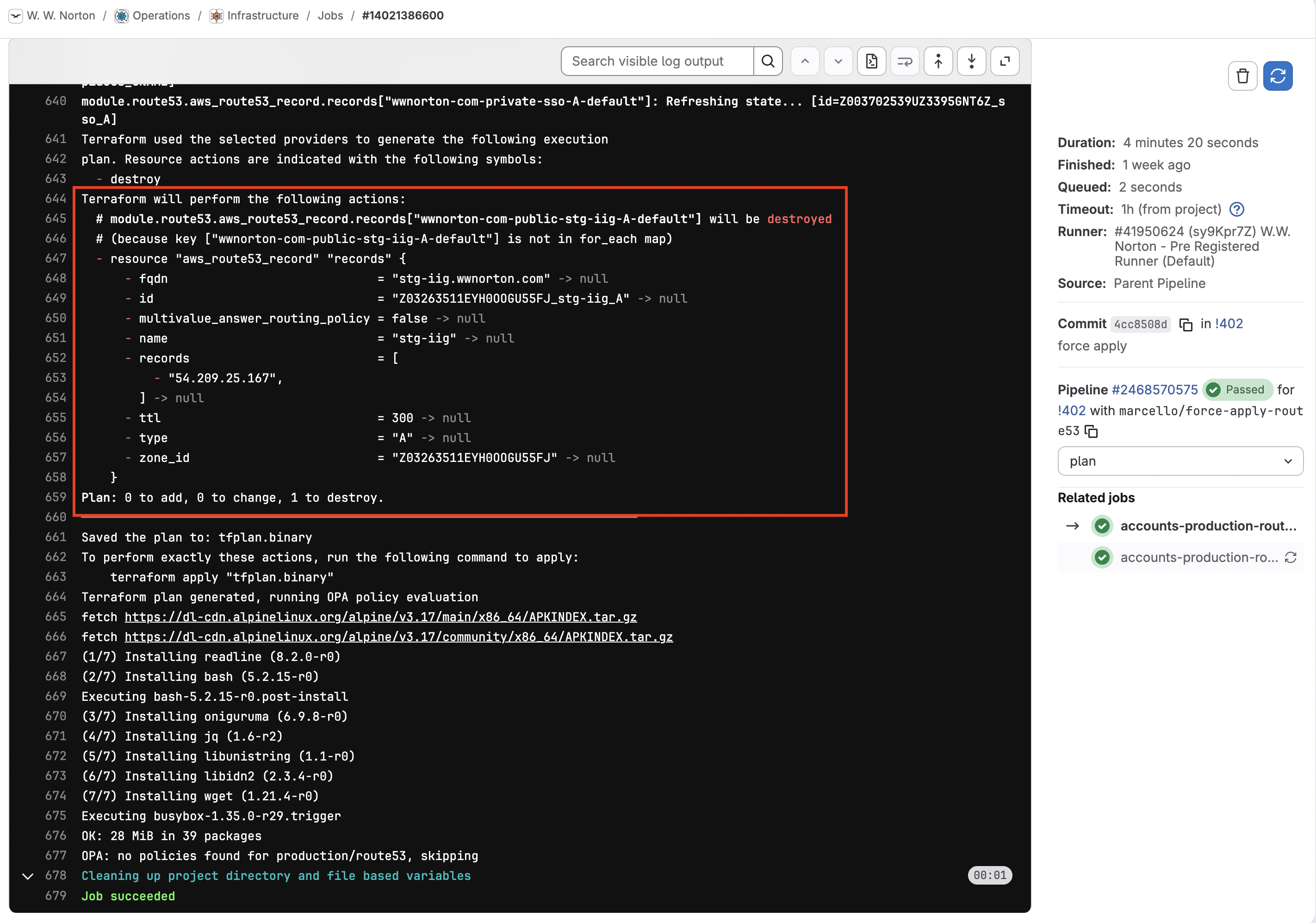 Terraform plan output showing a single Route53 record being added