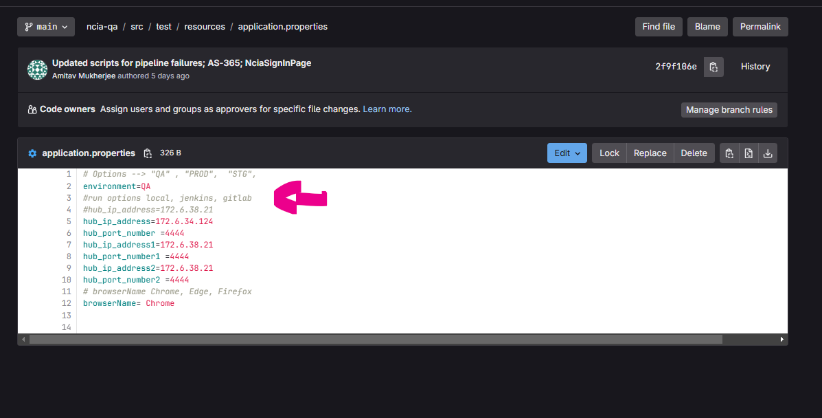 application properties file showing you need to add gitlab option Screenshot of ncia-qa example repo showing how to configure application properties and add gitlab