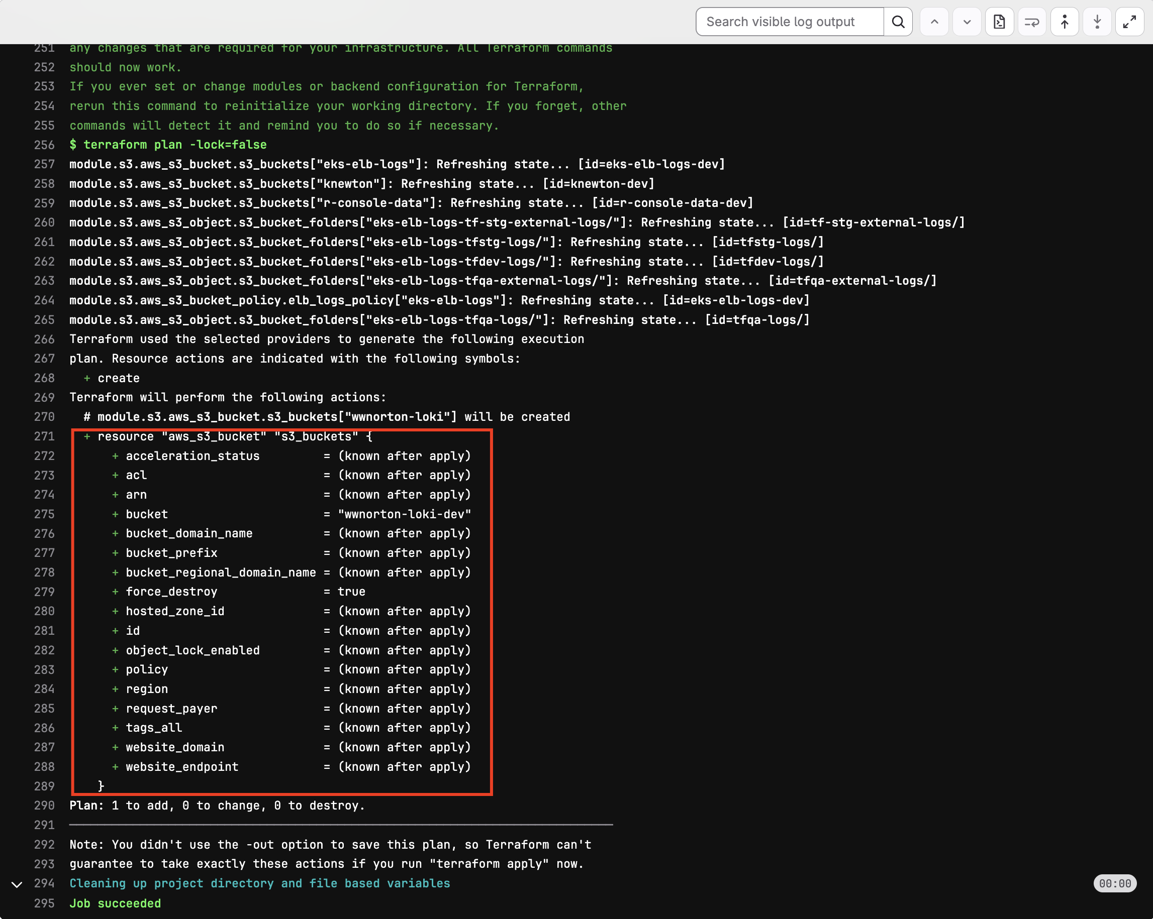 Terraform plan output showing S3 bucket creation