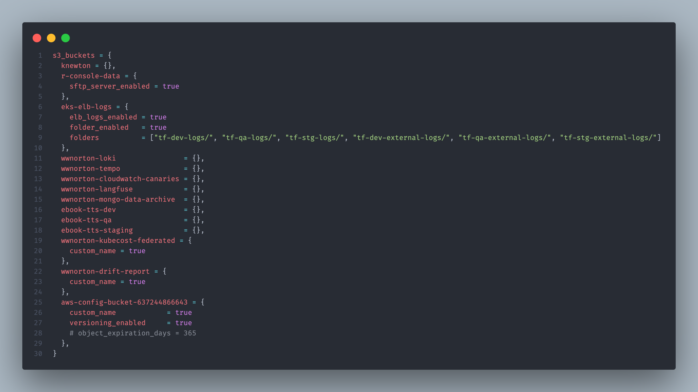 s3/terraform.tfvars file open in VS Code showing the s3_buckets map