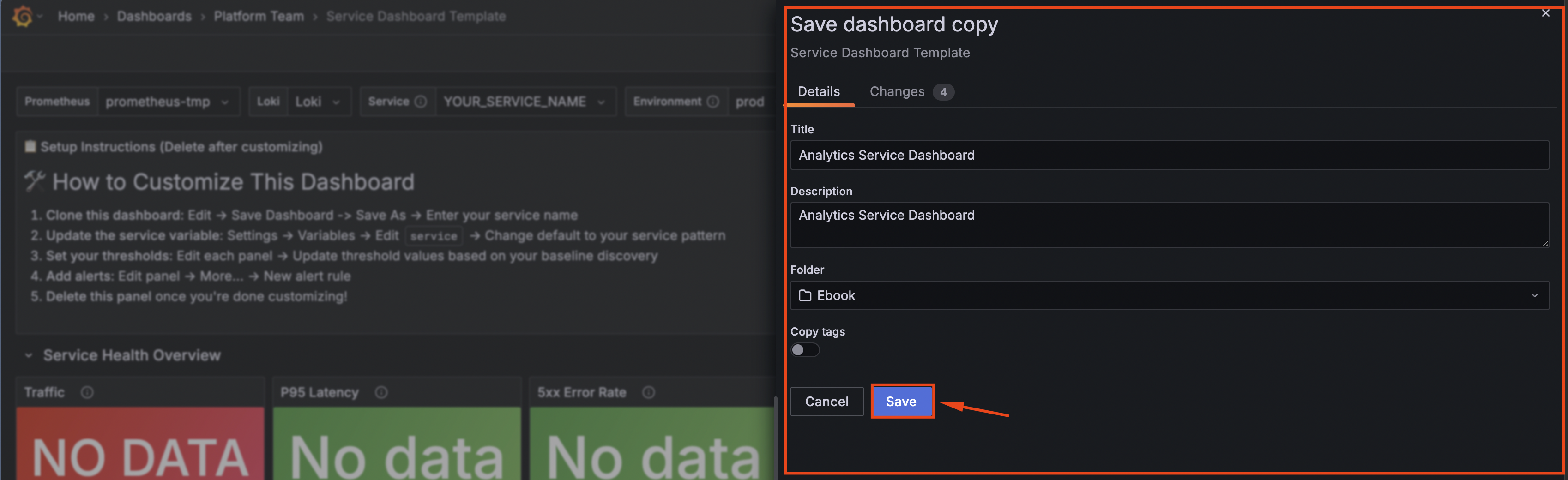 Save dashboard dialog with name and folder fields