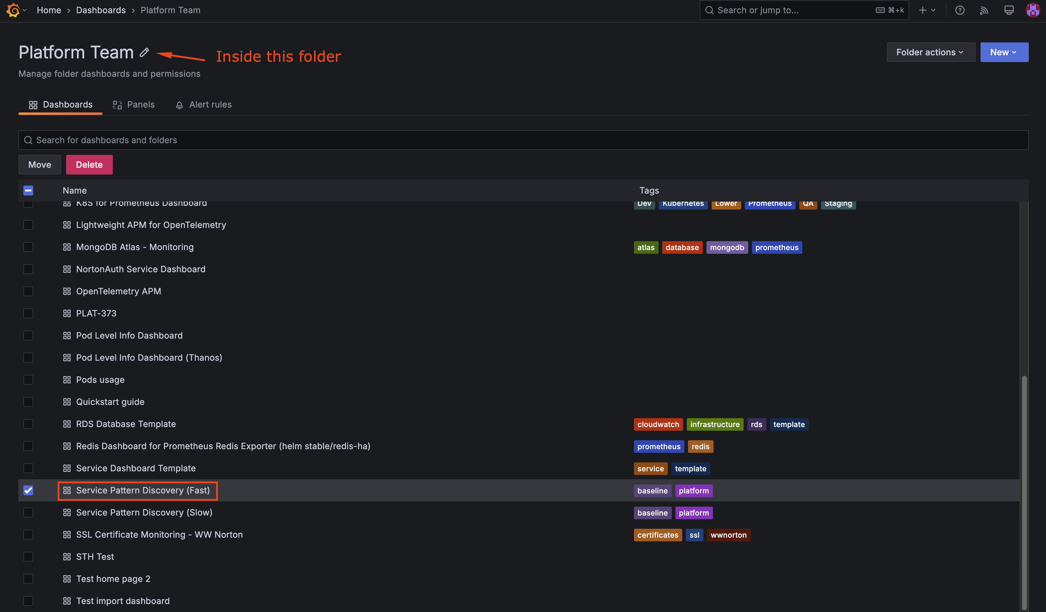 Service Pattern Discovery (Fast) dashboard location in the Grafana folder structure