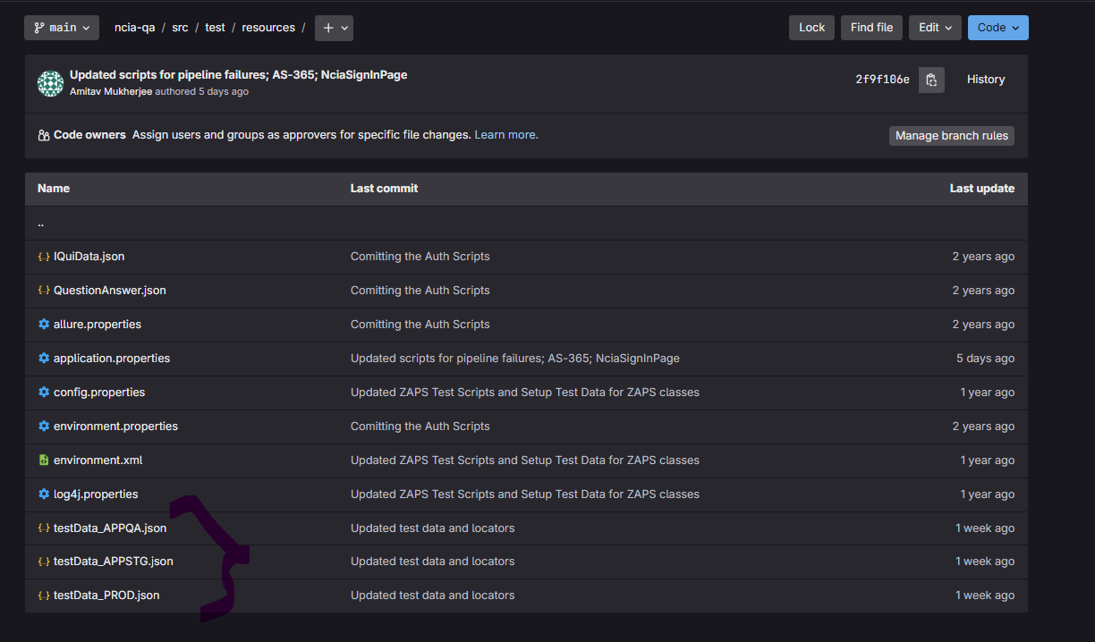 How to structure config files to support QA, STG, and PROD Screenshot of ncia-qa example repo highlighting how to structure config files to support QA, STG, and PROD