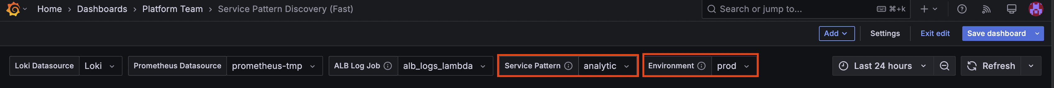 Variable selectors at the top of the dashboard with example values filled in