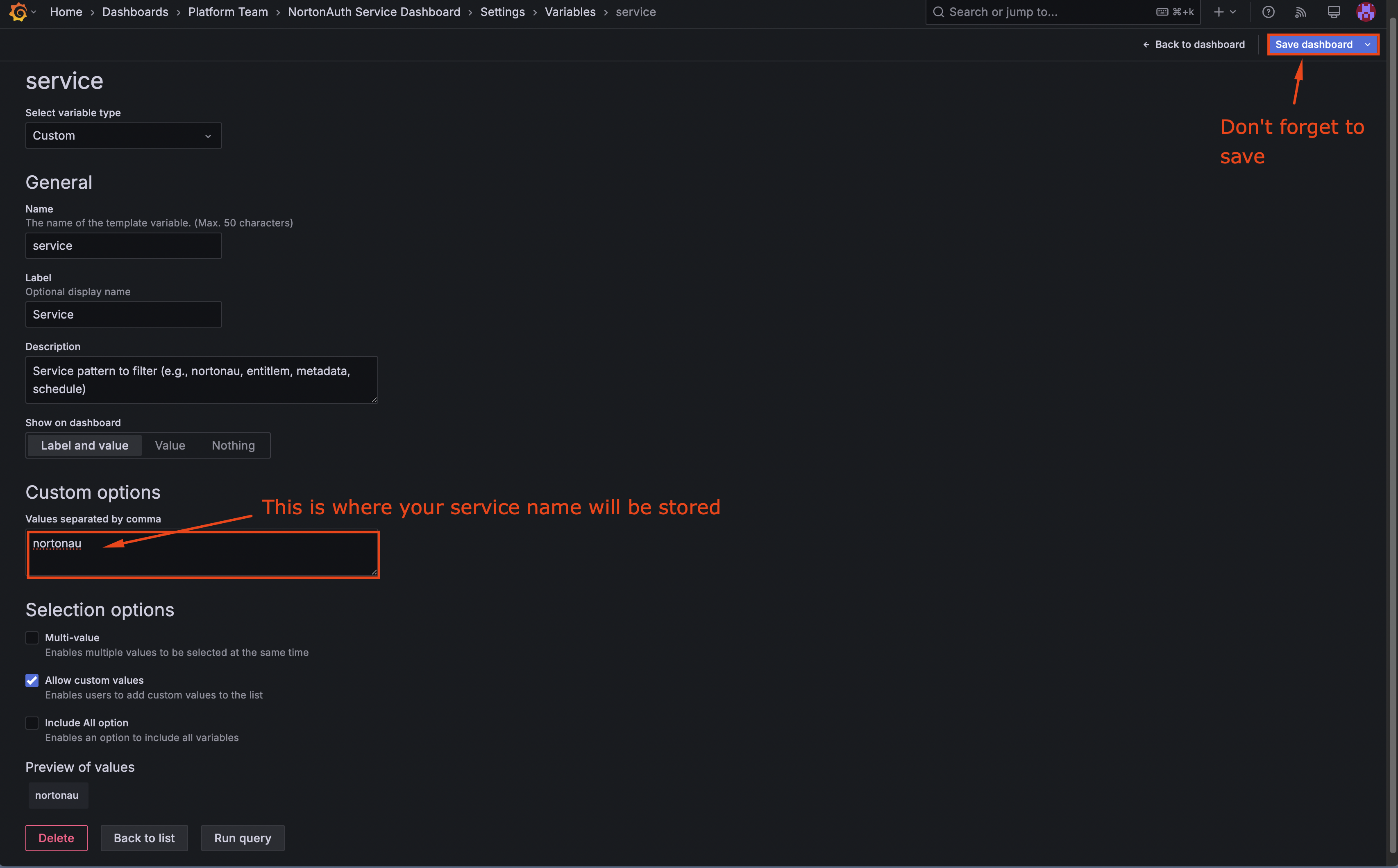 Variables settings page with the service variable selected