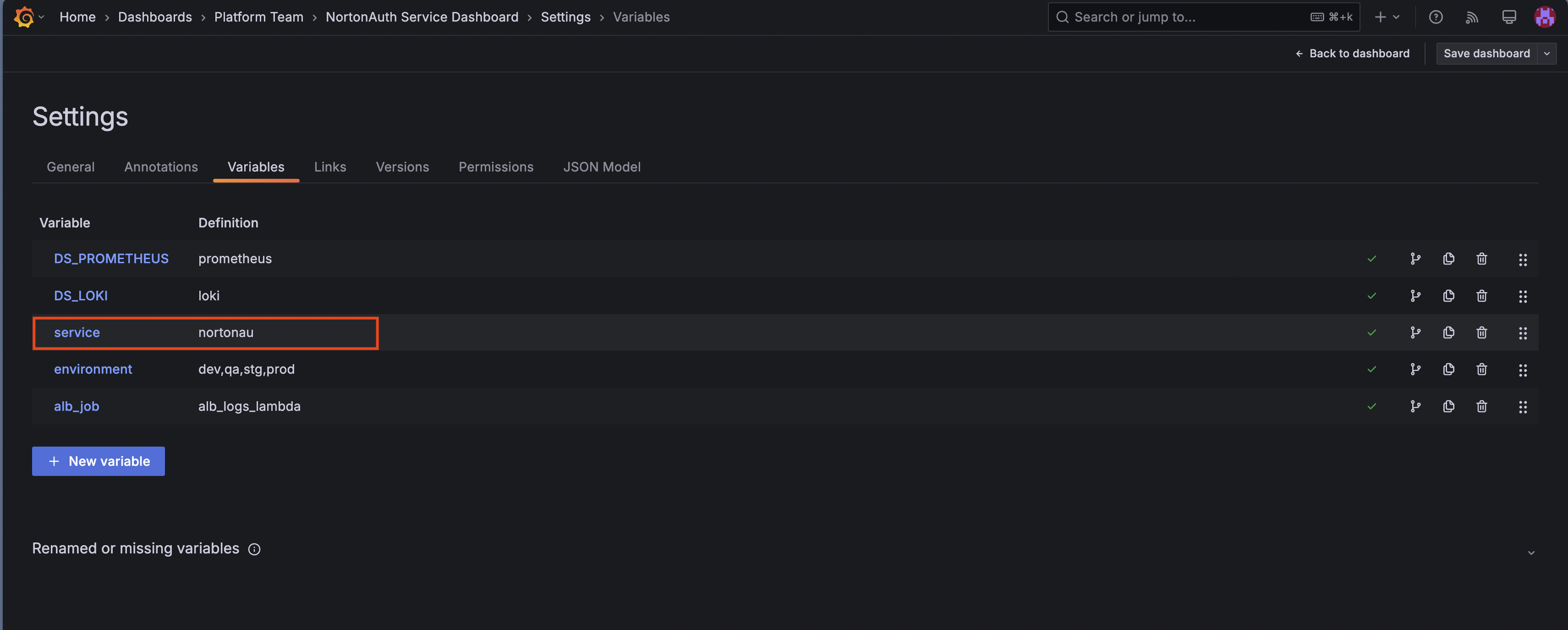 Variables settings page with the service variable selected