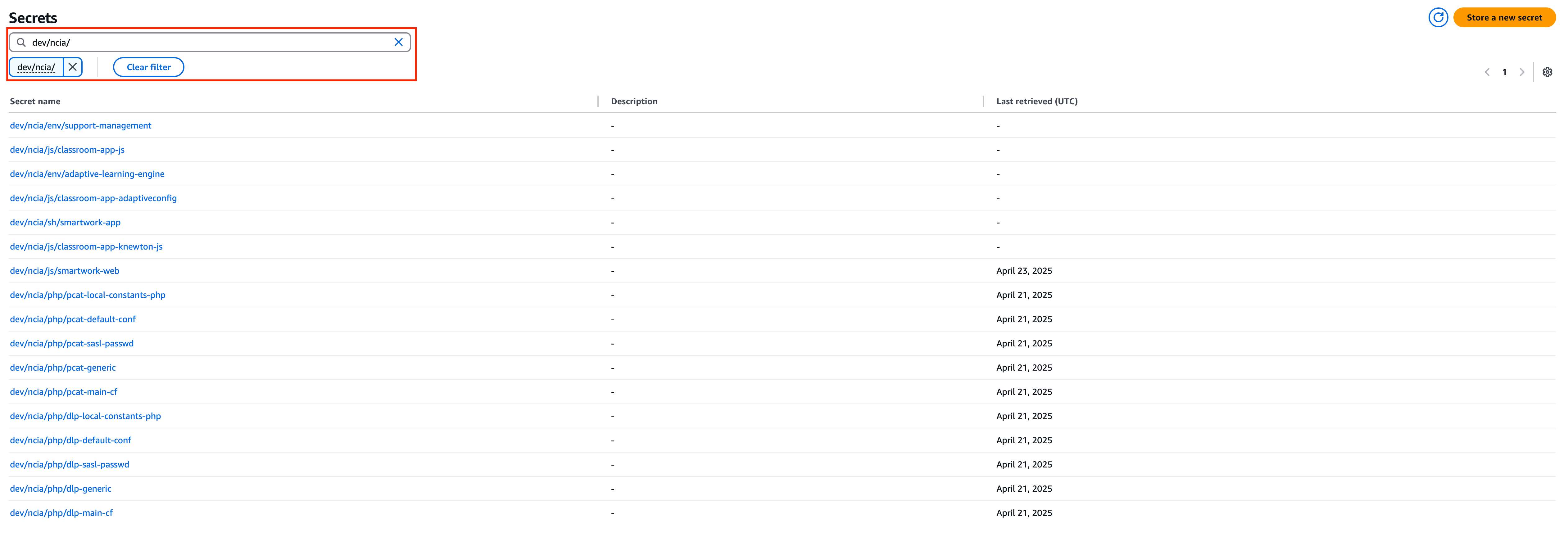 Filtering secrets via search bar